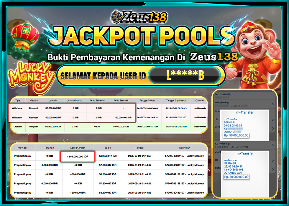 ZEUS138 JACKPOT LUCKY MONKEY Rp.80.000.000,- LUNAS